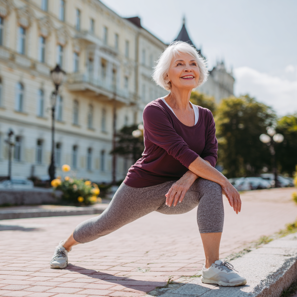 Активна літня жінка європейської зовнішності виконує легкі фізичні вправи на свіжому повітрі, демонструючи здоровий спосіб життя та гнучкість суглобів