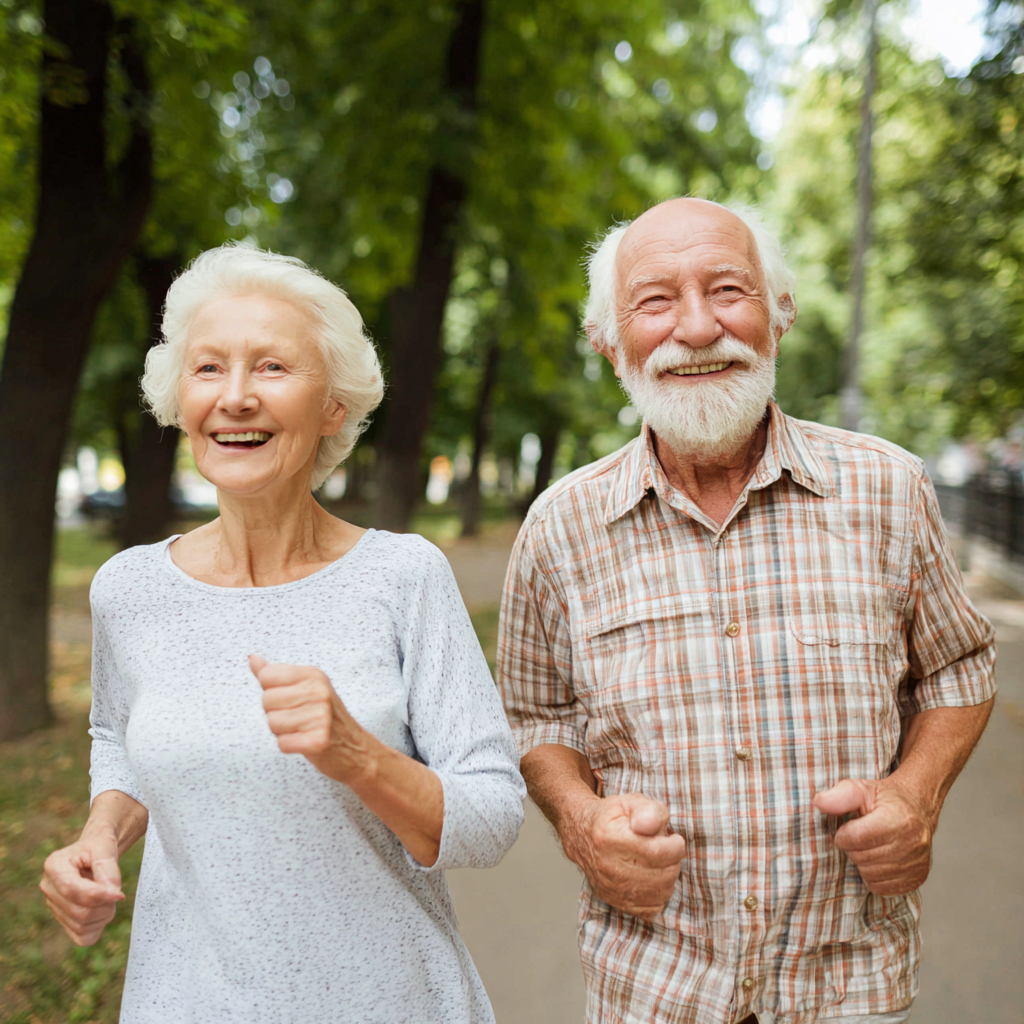Літня пара європейської зовнішності під час прогулянки в парку, демонструючи активний і здоровий спосіб життя завдяки природним методам підтримки суглобів